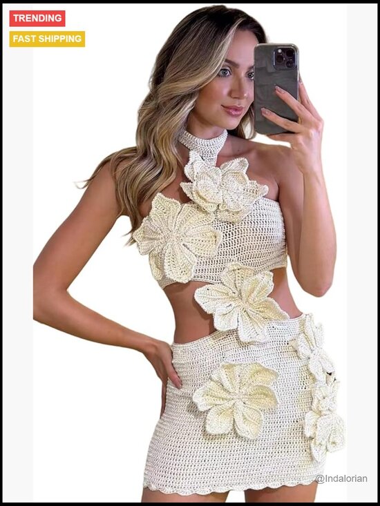 Dresses & Skirts - Floral Crochet Knitted Sleeveless Halter Mini Dress Hollow Out Mesh Sheer